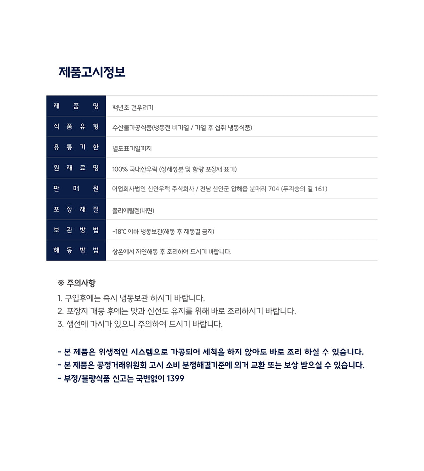 제품고시정보

제품명: 백년초 건우럭

식품유형: 수산물가공식품(냉동전 비가열 / 가열 후 섭취 냉동식품)

유통기한: 별도표기일까지

원재료명: 100% 국내산 우럭 (상세성분 및 함량 포장재 표기)

판매원: 어업회사법인 신안우럭 주식회사, 전남 신안군 압해읍 분매리 704 (두지숭의 길 161)

포장재질: 폴리에틸렌(내면)

보관방법: -18°C 이하 냉동보관(해동 후 재동결 금지)

해동방법: 상온에서 자연해동 후 조리하여 드시기 바랍니다.

주의사항:
1. 구입 후에는 즉시 냉동보관 하시기 바랍니다.
2. 포장지 개봉 후에는 맛과 신선도 유지를 위해 바로 조리하시기 바랍니다.
3. 생선에 가시가 있으니 주의하여 드시기 바랍니다.

- 본 제품은 위생적인 시스템으로 가공되어 세척을 하지 않아도 바로 조리하실 수 있습니다.
- 본 제품은 공정거래위원회 고시 소비 분쟁해결기준에 의거 교환 또는 보상받으실 수 있습니다.
- 부정/불량식품 신고는 국번없이 1399