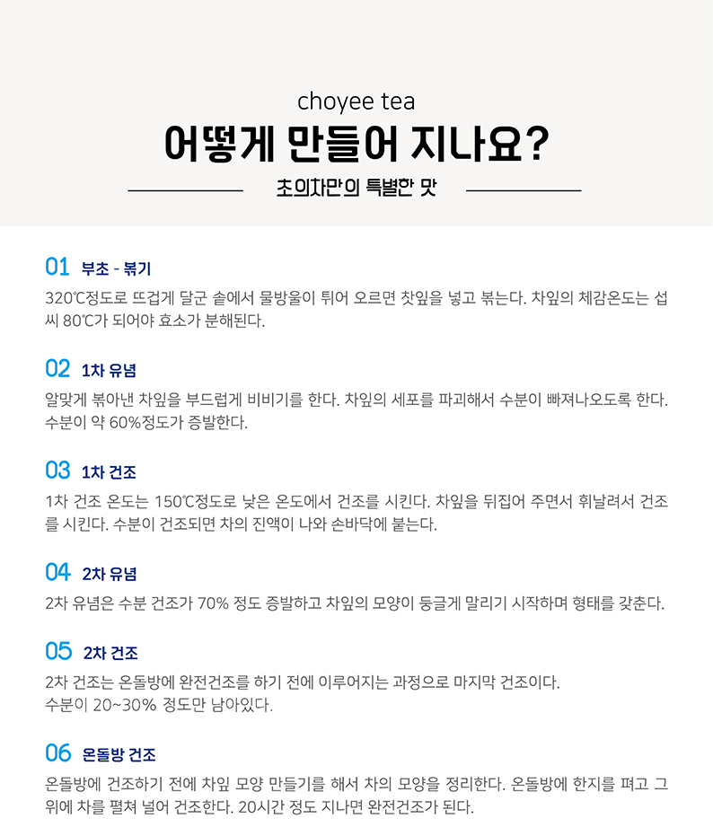 초의차는 어떻게 만들어지나요?초의차만의 특별한 맛을 만드는 과정은 다음과 같습니다:1. 부초 - 볶기: 320°C 정도로 뜨겁게 달군 솥에서 물방울이 튀어 오르면 찻잎을 넣고 볶습니다. 차잎의 체감온도는 섭씨 80°C가 되어야 효소가 분해됩니다.2. 1차 유념: 알맞게 볶아낸 차잎을 부드럽게 비벼서 차잎의 세포를 파괴해 수분이 빠져나오도록 합니다. 이 과정에서 수분이 약 60% 정도 증발합니다.3. 1차 건조: 1차 건조 온도는 150°C 정도로 낮은 온도에서 차잎을 뒤집어 주면서 휘날려서 건조시킵니다. 수분이 건조되면 차의 진액이 나와 손바닥에 붙습니다.4. 2차 유념: 2차 유념은 수분 건조가 70% 정도 증발하고 차잎의 모양이 둥글게 말리기 시작하며 형태를 갖춥니다.5. 2차 건조: 2차 건조는 온돌방에서 완전건조를 하기 전에 이루어지는 과정으로, 마지막 건조입니다. 이 과정에서 수분이 20~30% 정도만 남아있습니다.6. 온돌방 건조: 온돌방에 건조하기 전에 차잎 모양을 만들어 차의 모양을 정리합니다. 온돌방에 한지를 펴고 그 위에 차를 펼쳐 널어 건조합니다. 약 20시간 정도 지나면 완전건조가 됩니다.