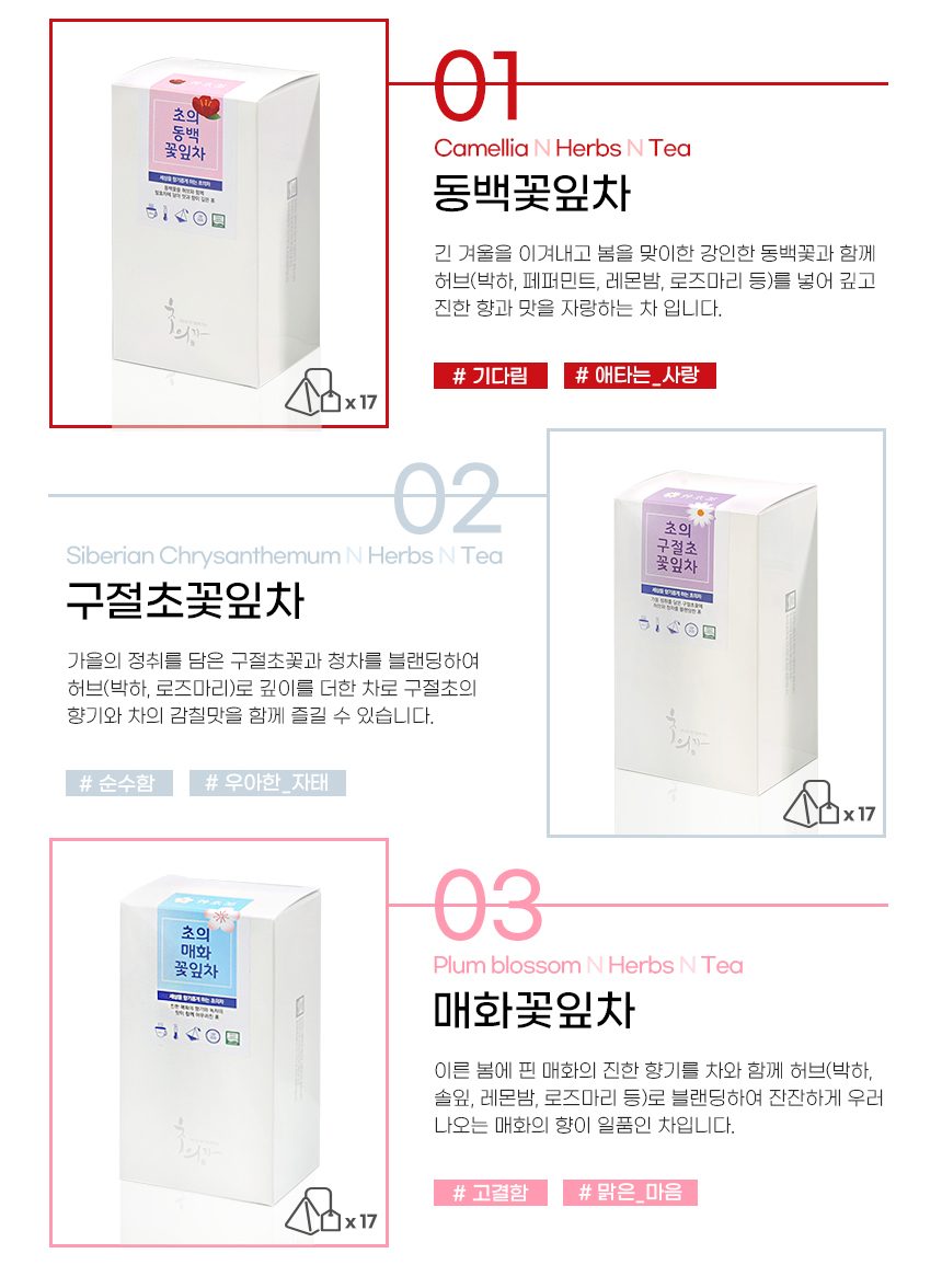 초의 01 동백 꽃잎차 Camellia N Herbs N Tea 제품은 긴 겨울을 이겨내고 봄을 맞이한 강인한 동백꽃과 함께 허브(박하, 페퍼민트, 레몬밤, 로즈마리 등)를 넣어 깊고 진한 향과 맛을 자랑하는 차입니다. #기다림 #애타는 사랑초의 02 구절초 꽃잎차 Siberian Chrysanthemum N Herbs N Tea는 가을의 정취를 담은 구절초꽃과 청차를 블랜딩하여 허브(박하, 로즈마리)로 깊이를 더한 차로, 구절초의 향기와 차의 감칠맛을 함께 즐길 수 있습니다. #순수함 #우아한 자태초의 03 매화 꽃잎차 Plum Blossom N Herbs N Tea는 이른 봄에 핀 매화의 진한 향기를 차와 함께 허브(박하, 솔잎, 레몬밤, 로즈마리 등)로 블랜딩하여 잔잔하게 우러 나오는 매화의 향이 일품인 차입니다. #고결함 #맑은 마음