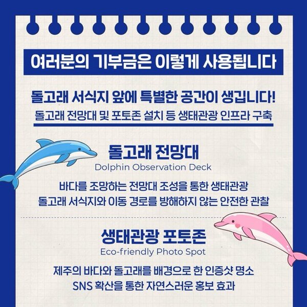 여러분의 기부금은 이렇게 사용됩니다.
돌고래 서식지 앞에 특별한 공간이 생깁니다
돌고래 전망대 및 포토존 설치 등 생태관광 인프라 구축

📍 돌고래 전망대 (Dolphin Observatory)

바다를 조망하는 전망대 조성을 통한 생태관광
돌고래의 서식지와 이동 경로를 방해하지 않는 안전한 관찰

📸 생태관광 포토존 (Eco-Photo Zone)

제주의 바다와 돌고래를 배경으로 한 인증샷 명소
SNS 확산을 통한 자연스러운 홍보 효과

소수력 발전을 활용한 에너지 자립형 시설 위에 조성되는 자연과 기술의 완벽한 조화