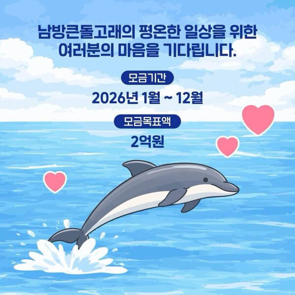 남방큰돌고래의 평온한 일상을 위한 여러분의 마음을 기다립니다

<모금기간> 2026년 1월 ~ 12월
<모금목표액> 2억원