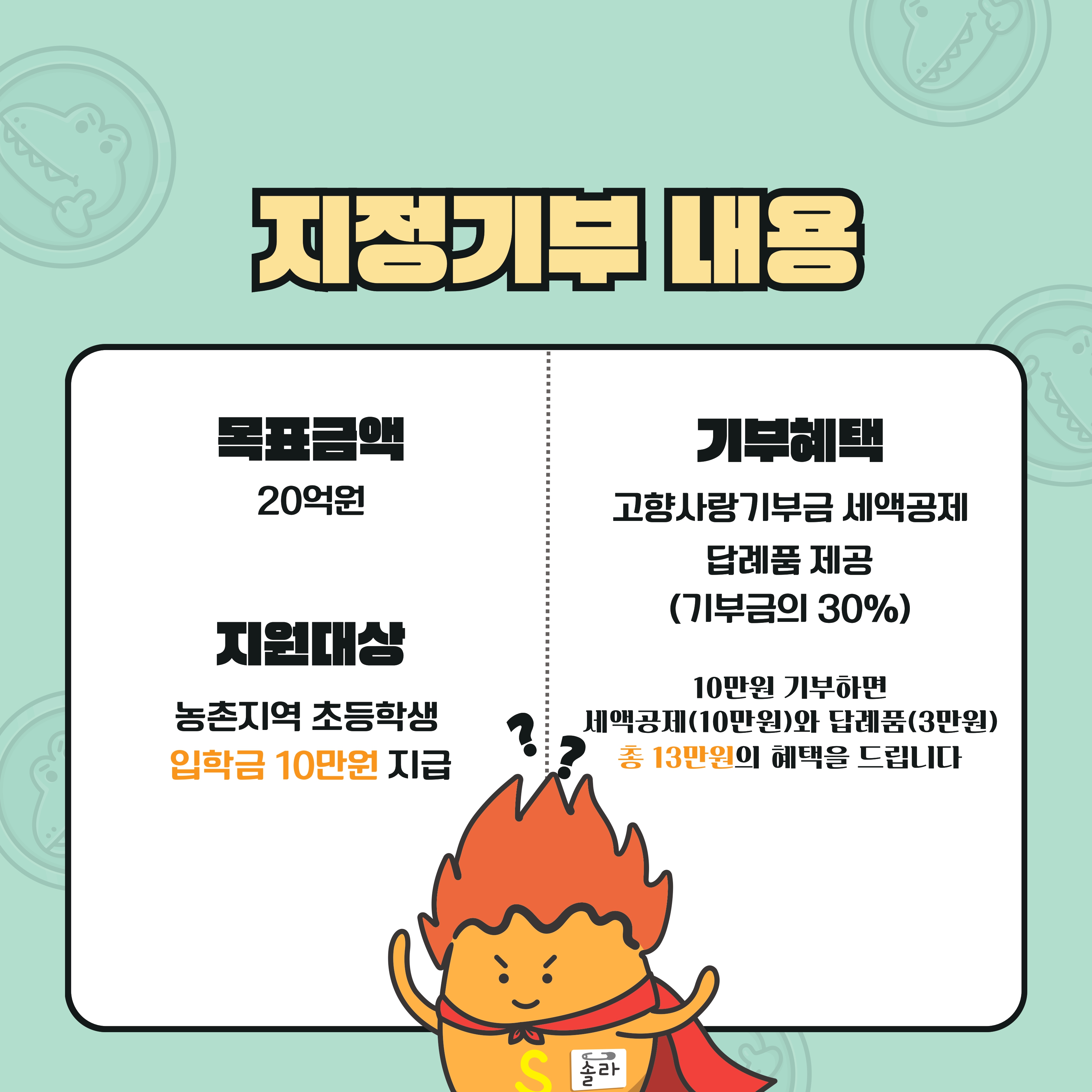 지정기부 내용 (목표금액 : 20억원 / 지원대상 : 농촌지역 초등학생 입학금 10만원 지급)

