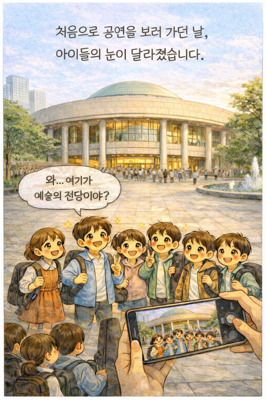 서울 예술의전당 앞에서 감탄하는 아이들
