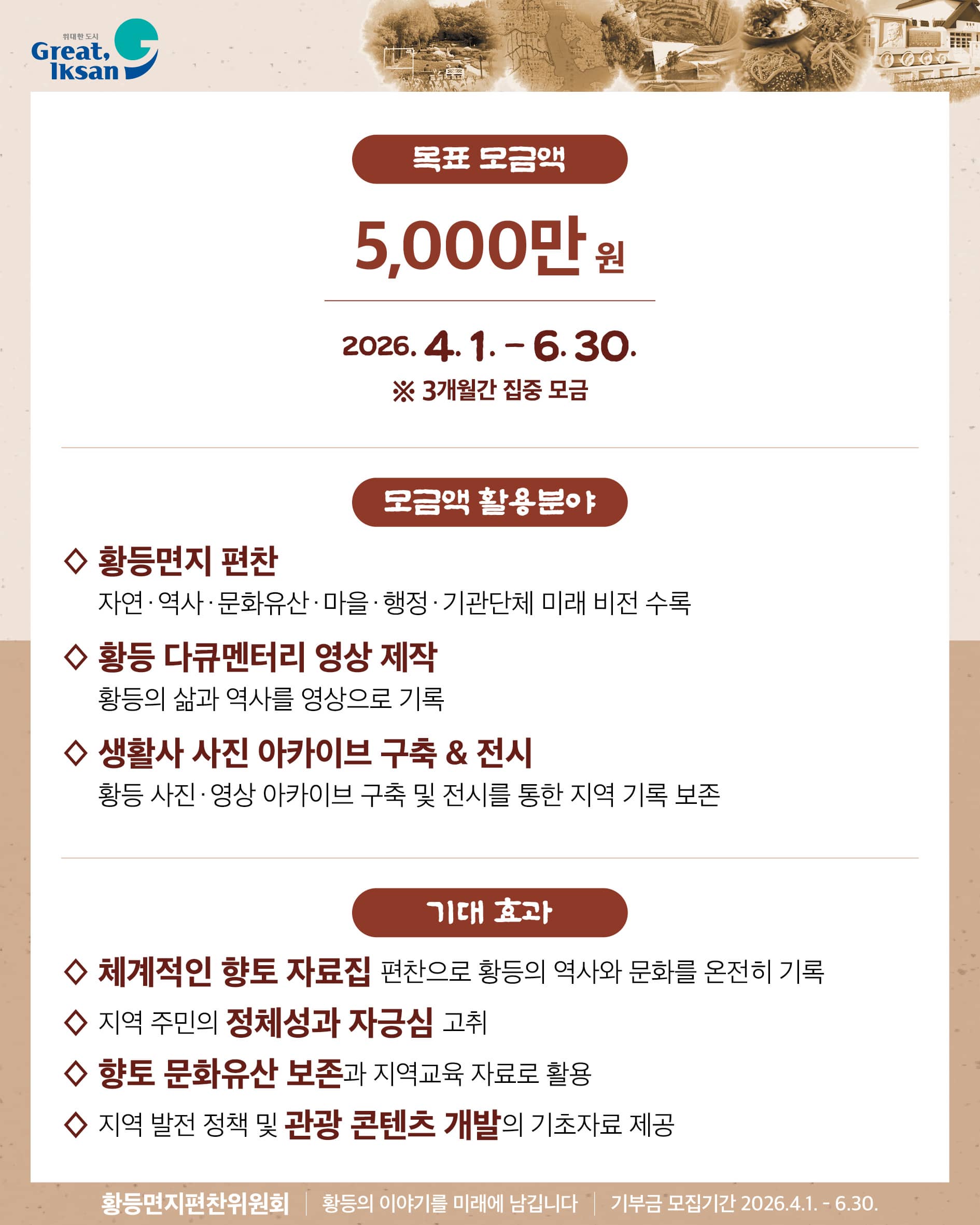 이번 프로젝트의 목표 모금액은 5,000만 원입니다. 2026년 4월 1일부터 6월 30일까지 3개월 동안 집중적으로 마음을 모읍니다. 이 소중한 예산은 세 가지 분야에 쓰입니다.
1. 황등의 자연과 역사를 총망라한 '황등면지'를 만듭니다.
2. 주민들의 삶을 생생하게 기록한 다큐멘터리 영상을 제작합니다.
3. 흩어져 있던 옛 사진들을 모아 생활사 아카이브를 구축하고 전시회를 엽니다.
이를 통해 지역 주민들은 자부심을 느끼고, 황등은 더욱 매력적인 관광 콘텐츠를 갖춘 도시로 성장할 것입니다.