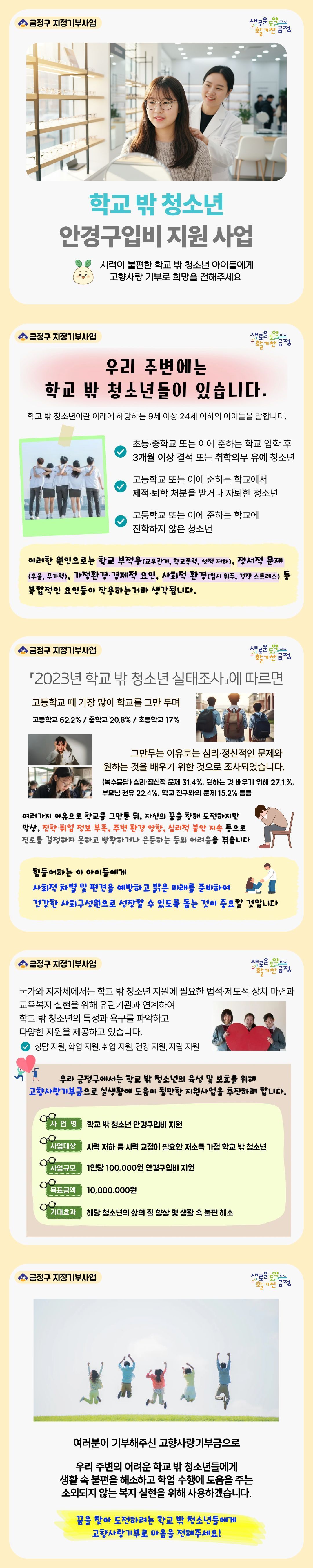 우리 주변 가까이에는 학교 밖 청소년들이 있습니다.

2023년 학교 밖 청소년 실태 조사에 따르면 고등학교 떄 가장 많이 학교를 그만두며
그만두는 이유로는 심리·정신적인 문제와 원하는 것을 배우기 위한 것으로 조사되었습니다.
각자의 이유로 학교를 나와, 본인의 꿈을 좇는 청소년들에는
막상, 진학 취업에 대한 정보 부족과 주변 환경 영향 등으로 진로를 결정하지 못하고 방황하거나 은둔하는 등의 어려움을 겪습니다.

이 아이들에게 소외감과 어려움을 겪게 두는 것보다 아이들의 밝은 미래를 준비하고 건강한 사회구성원으로 성장할 수 있도록 돕는 것이 중요할 것입니다.

정부기관 및 지자체에서 다양한 지원을 제공하고 있습니다. 현 지원책 외에도 학교 밖 청소년의 육성 및 보호를 위해 고향사랑기부금으르 실생활에 필요한 지원 사업을 추진하려고 합니다.

기부사업명은 학교밖 청소년 안경구입비 지원이고 사업대상은 시력 저하 등 시력 교정이 필요한 저소득 가정 학교 밖 청소년입니다.
사업규모는 1인당 100,000원 안경구입비 지원 예정이며, 목표금액은 10,000,000원입니다.

여려분이 기부해주신 고향사랑기부금으로 학교 밖 청소년들에게 생활 속 불편 해소와 학업 수행에 도움을 주는 소외되지 않은 복지 실현을 위해 사용하겠습니다.
꿈을 찾아 도전하려는 학교 밖 청소년들에게 고향사랑기부로 마음을 전해주세요