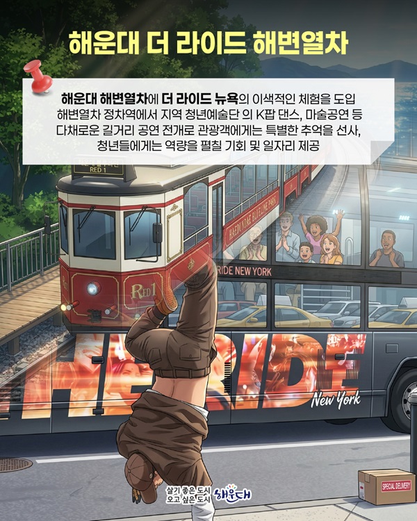 해운대 해변열차에 더 라이드 뉴욕의 이색적인 체험으로 도입하여 해변열차 정차역에서 지역 청년예술단의 K 팝 댄스, 마술공연 등 다채로운 길거리 공연 전개로 관광객에게는 특별한 추억을 선사, 청년들에게는 역량을 펼칠 기회 및 일자리 제공