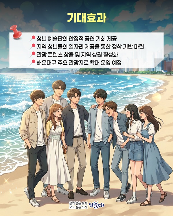 기대효과로는 청년 예술단의 안정적 공연 기회 제공, 지역 청년들의 일자리 제공을 통한 정착 기반 마련, 관광 콘텐츠 창출 및 지역 상권 활성화, 해운대구 주요 관광지로 확대 운영 예정임.