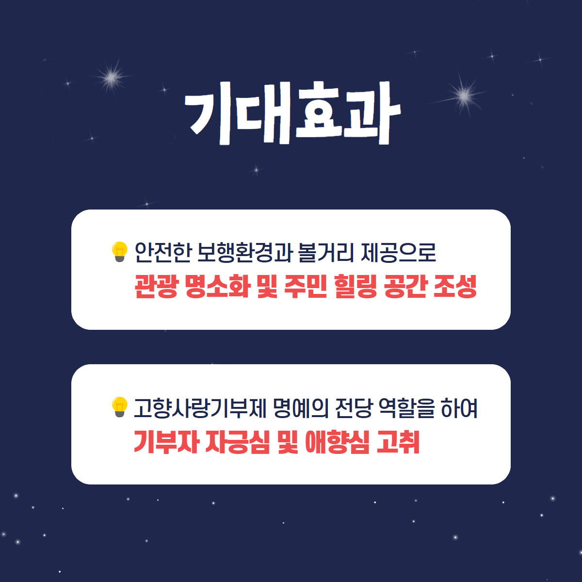 기대효과
안전한 보행환경과 볼거리 제공으로 관광 명소화 및 주민 힐링 공간 조성
고향사랑기부제 명예의 전당 역할을 하여 기부자 자긍심 및 애향심 고취