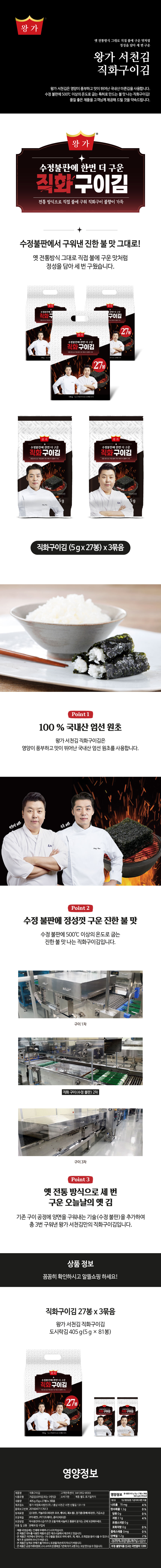흑백요리사2 출연 정호영 셰프와 송훈 셰프와 콜라보한 왕가 서천김입니다.
국산김과 카놀라유, 참기름, 가공소금으로 만들어지며, 5g의 도시락김이 총 81봉 들어 있습니다. 1봉당 1일 2000kcal 영양성분 기준치에 대한 비율로 나트륨 4%, 지방 4%, 단백질 2%가 들어있습니다.