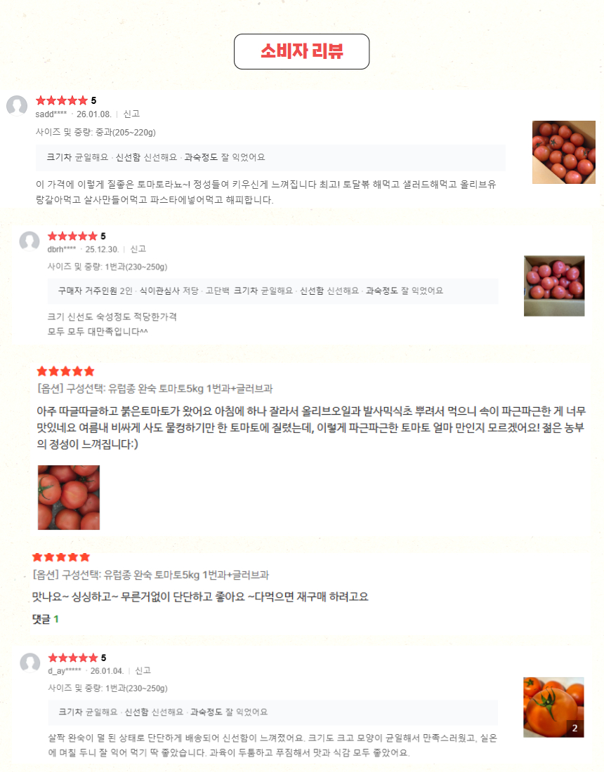 데이터에 기반하여 매일 아침 생육 상태를 체크하며 정성으로 키워낸 저희 토마토는 과육이 단단하고 당도가 균일한 것이 특징입니다.