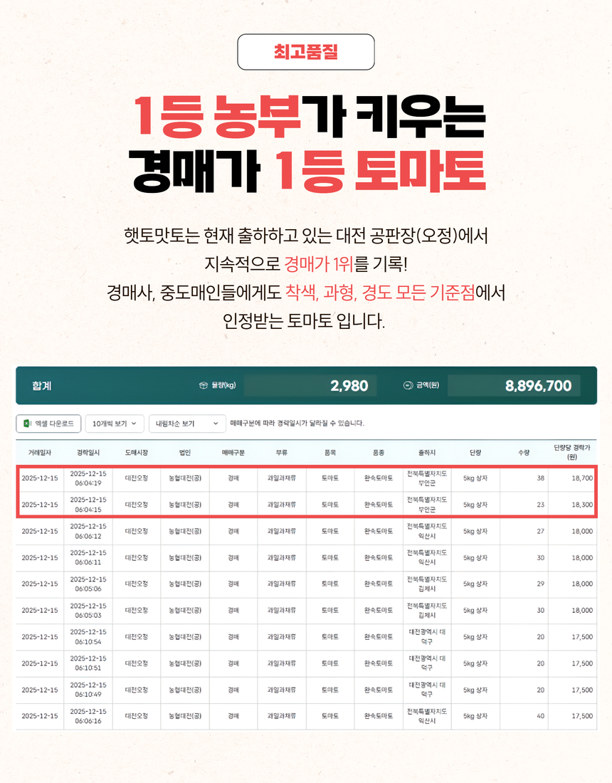 많은 구매자분들께서 '단단하고 싱싱하다', '크기와 모양이 균일한 고품질 토마토'라고 리뷰해주셨습니다:-)