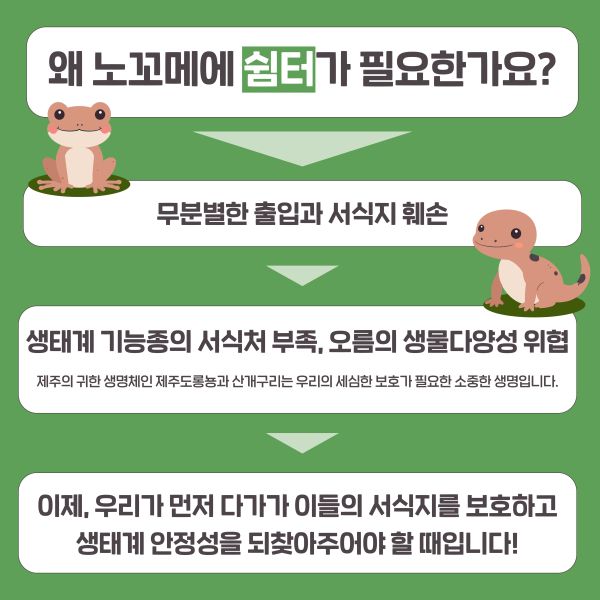 왜 노꼬메에 쉼터가 필요한가요?

무분별한 출입과 서식지 훼손

생태계 기능종의 서식처 부족, 오름의 생물다양성 위협
제주의 귀한 생명체인 제주도롱뇽과 산개구리는 우리의 세심한 보호가 필요한 소중한 생명입니다.

이제, 우리가 먼저 다가가 이들의 서식지를 보호하고 
생태계 안정성을 되찾아주어야 할 때입니다!