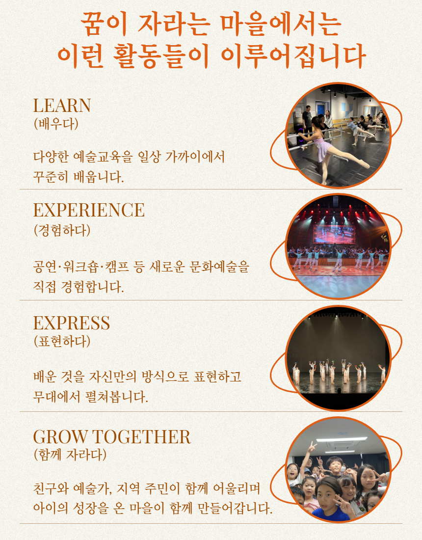 꿈이 자라는 마을에서는 이런 활동들이 이루어집니다.
Learn, Experience, express, grow together