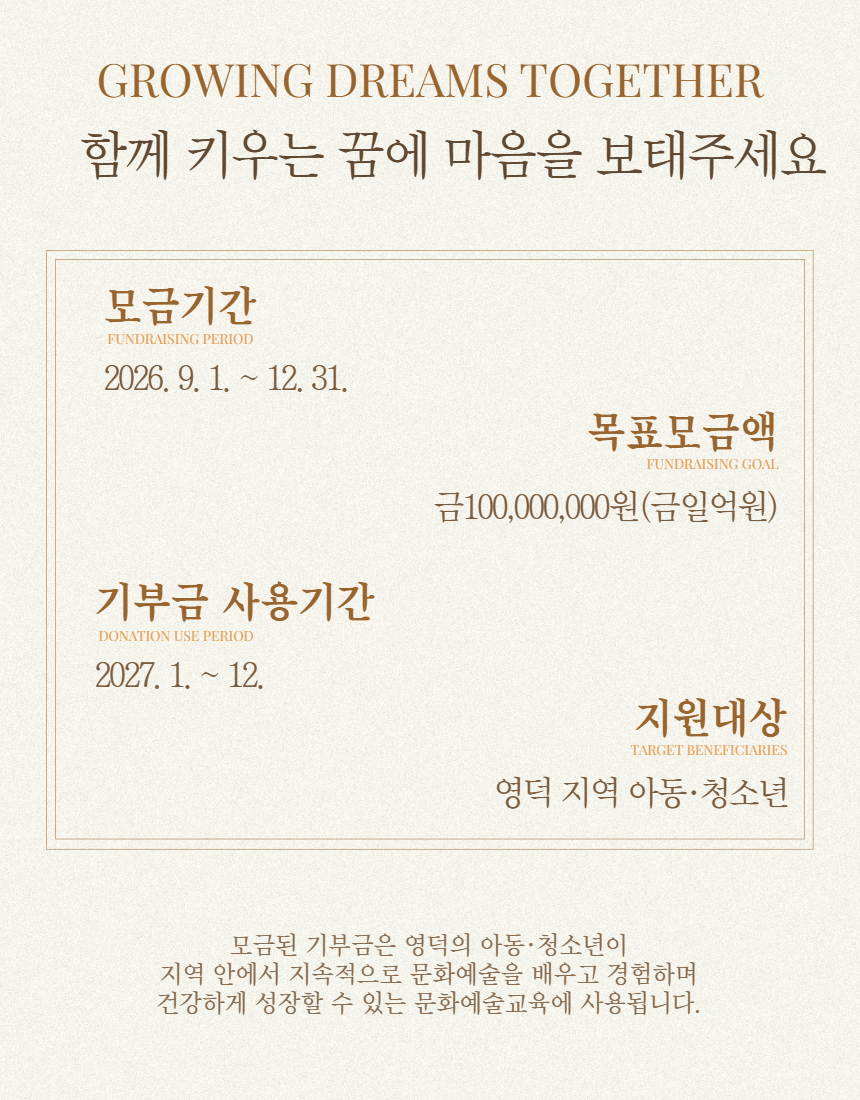 모금기간 2026.9.1.~12.31.
목표금액 100,000,000(금일억원)
지원대상 영덕 지역 아동 청소년
