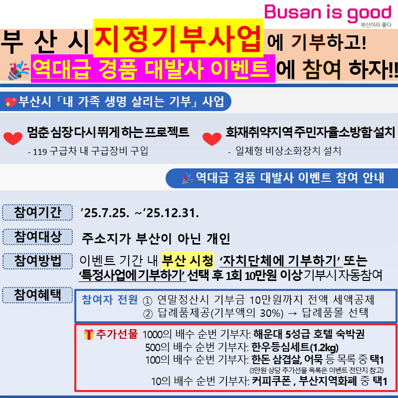 부산시청 💖지정기부사업에 기부하고 🎁역대급 경품 대발사 이벤트에 참여하세요~