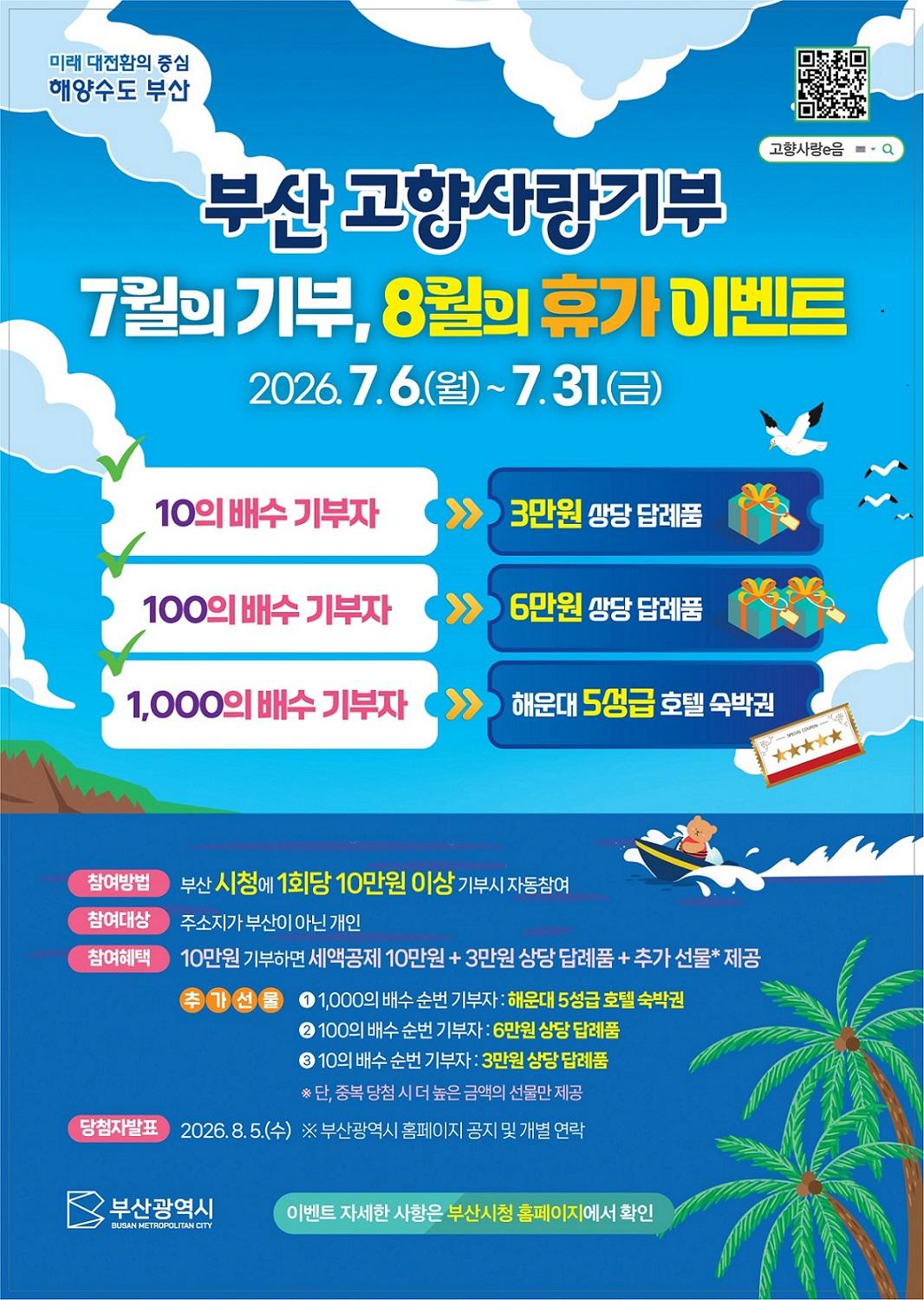 [7월의 기부, 8월의 휴가] 해운대 5성급 호텔 숙박권 증정! 부산 고향사랑기부 이벤트